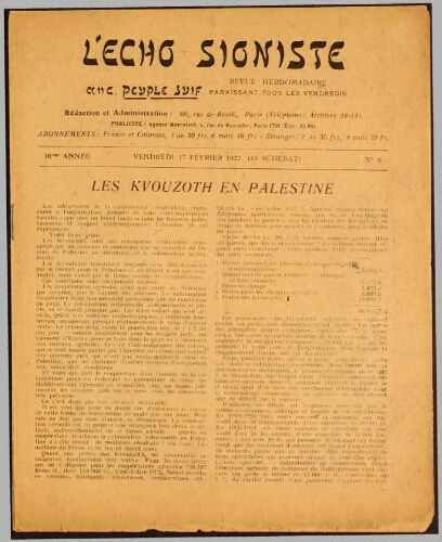L'Echo Sioniste. Vol. 16 n° 8 (17 février 1922)